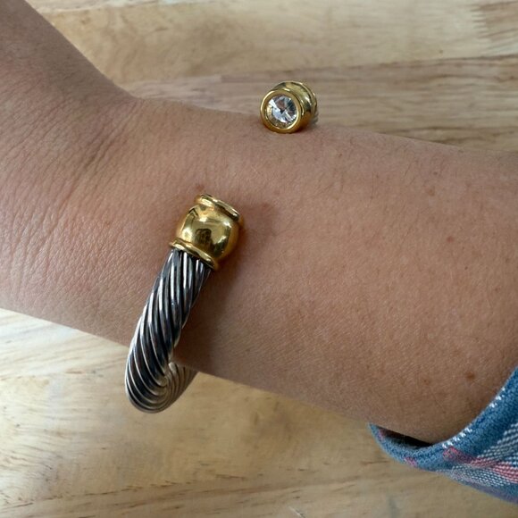 Classic Cable Twisted Wire Cuff Bracelet With Gold-Tone Ends & Clear Stone - Picture 10 of 11